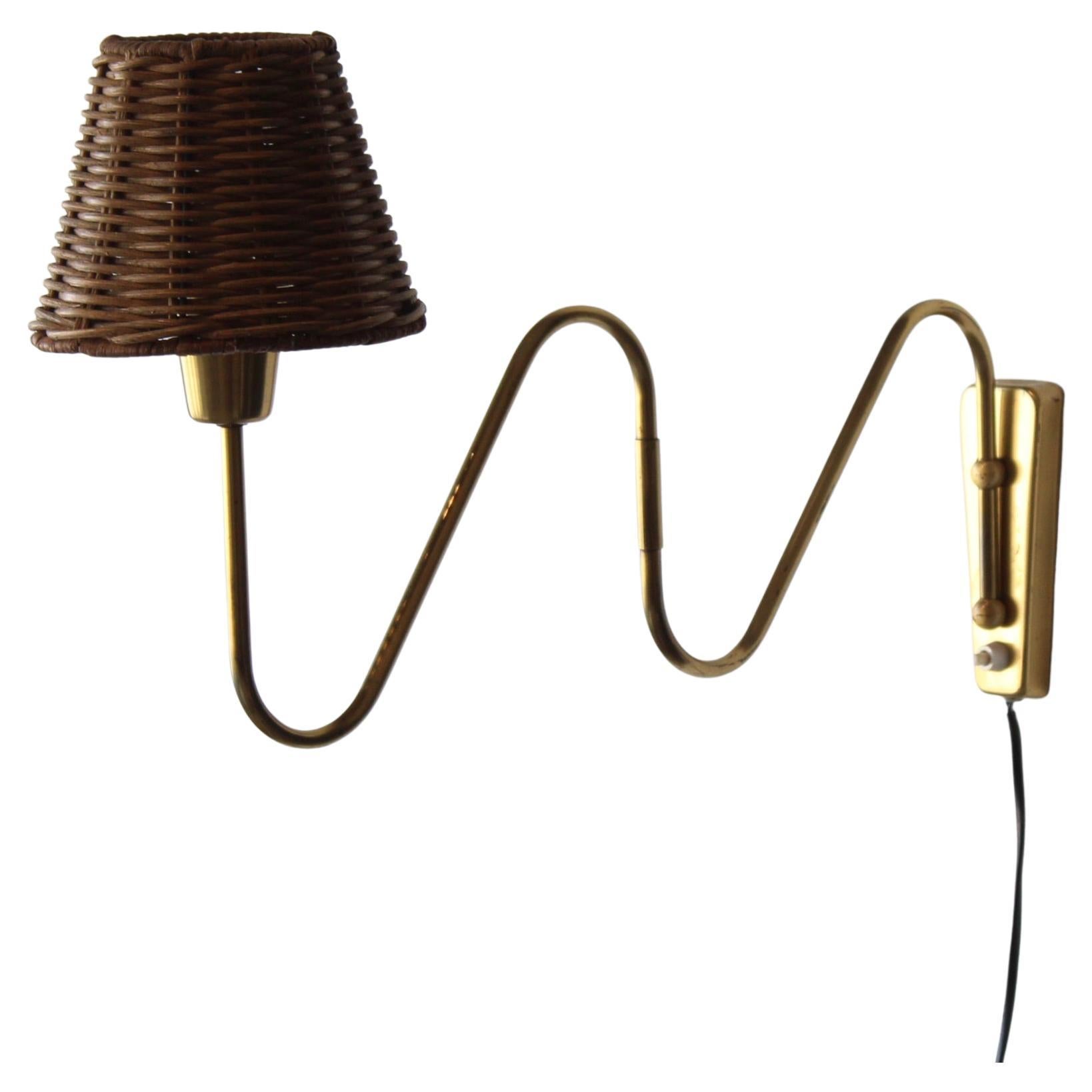 Danish Designer, Adjustable Wall Light, Brass, Rattan, Denmark, 1940s