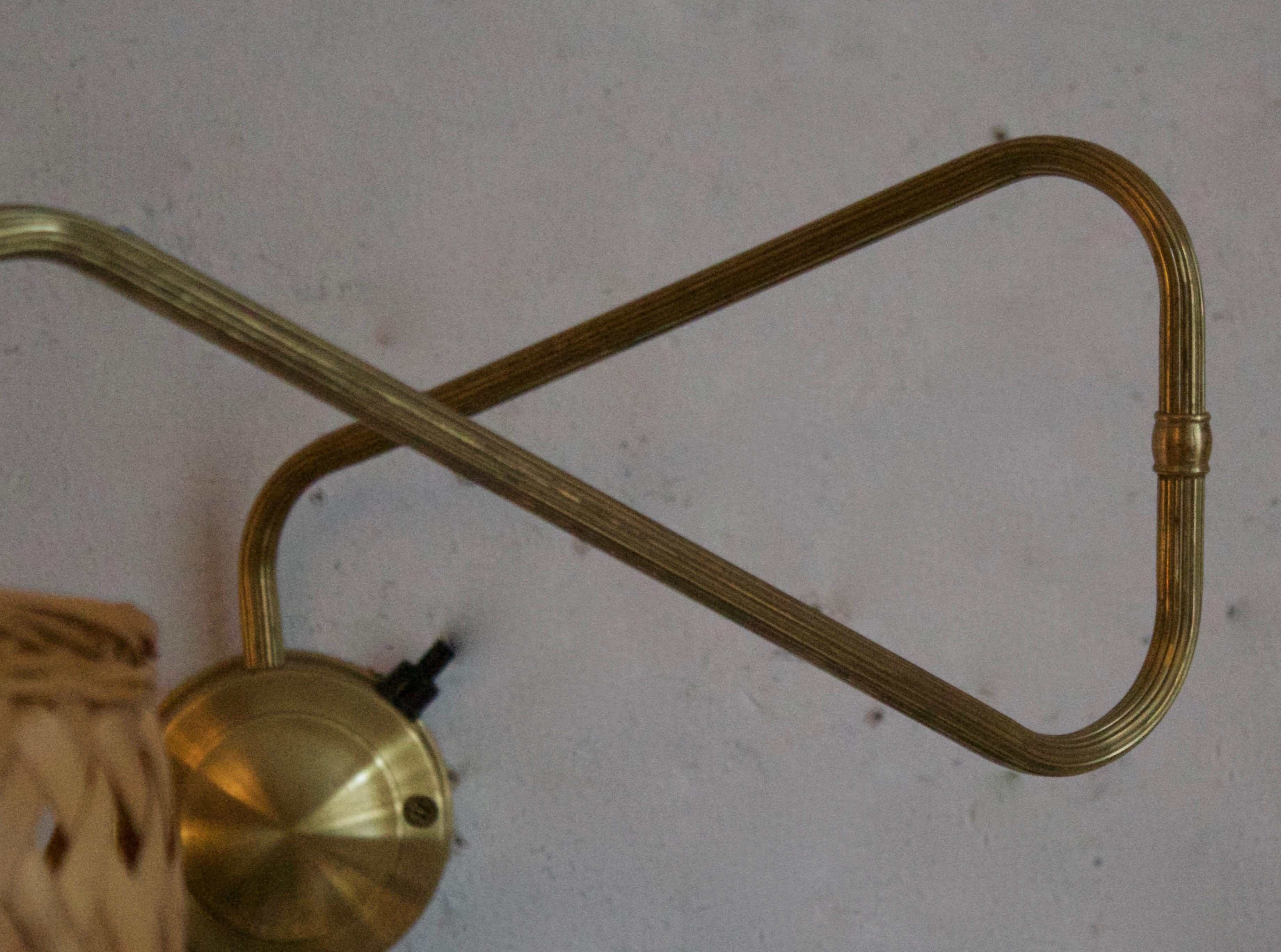 Mid-20th Century Danish Designer, Adjustable Wall Light, Brass, Rattan, Denmark, 1950s