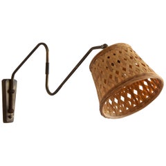 Danish Designer, Adjustable Wall Light, Brass, Rattan, Denmark, 1950s