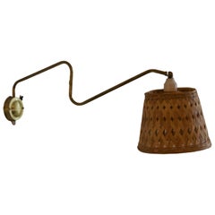 Danish Designer, Adjustable Wall Light, Brass, Rattan, Denmark, 1950s