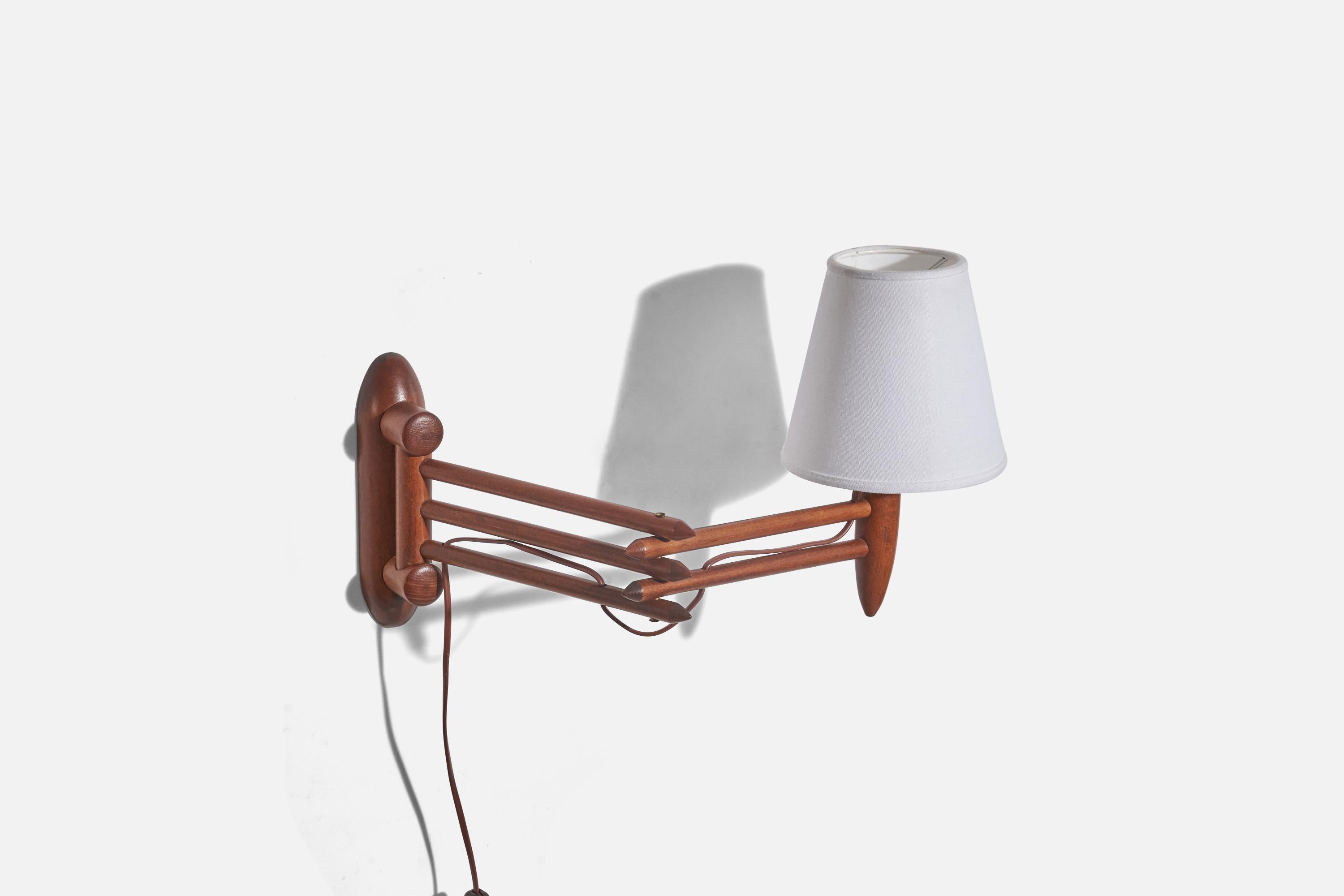 Scandinavian Modern Danish Designer, Adjustable Wall Light, Teak, Fabric, Denmark, 1960s For Sale