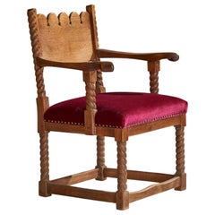 Danish Designer, Armchair, Oak, Velvet, Denmark, 1930s