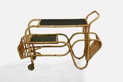 Danish Designer, Bar Cart, Bamboo, Rattan, Glass, Brass, Denmark, 1940s