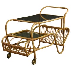 Danish Designer, Bar Cart, Bamboo, Rattan, Glass, Brass, Denmark, 1940s