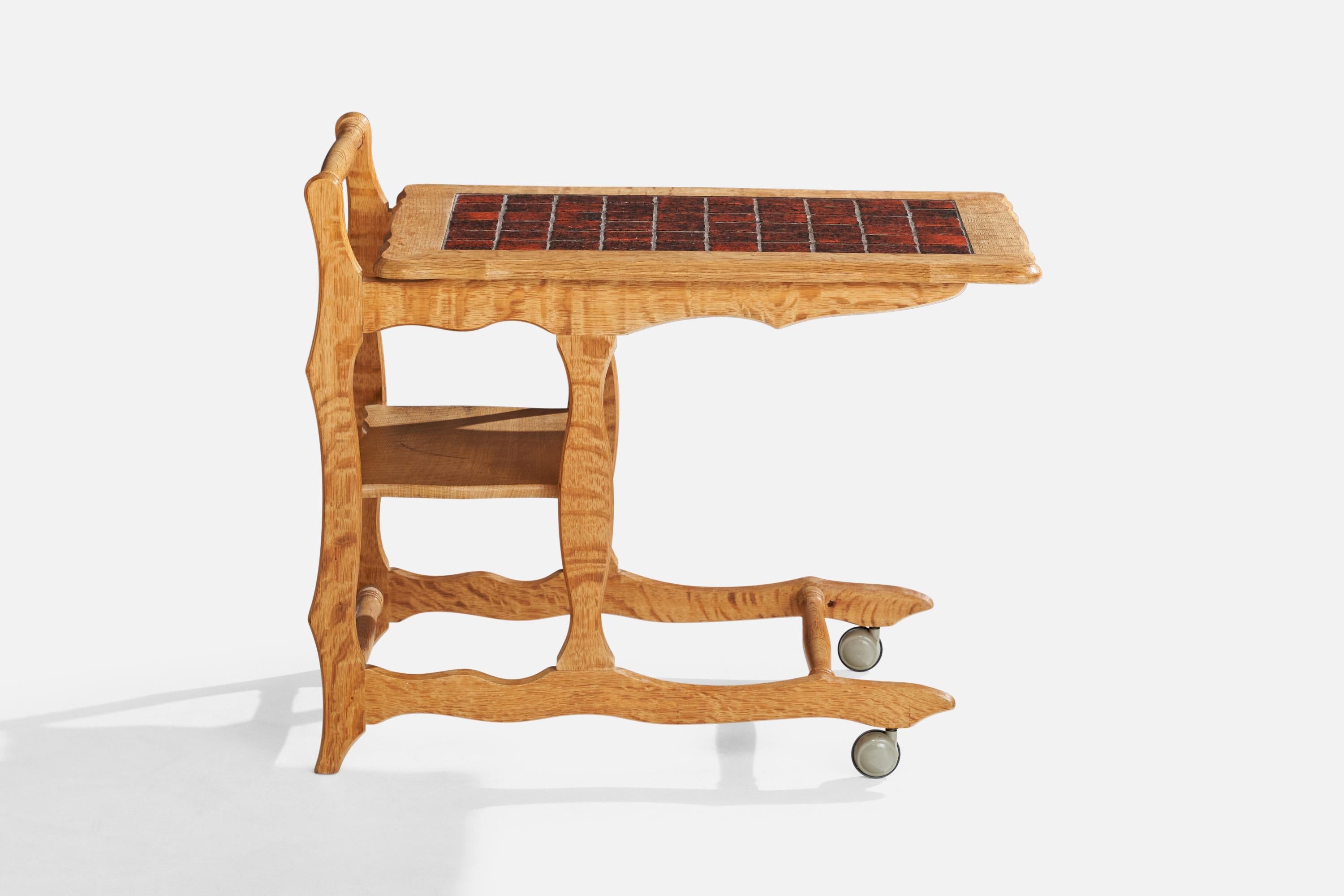 Dänischer Designer, Barwagen, Eiche, Keramik, Dänemark, 1960er Jahre im Angebot 1