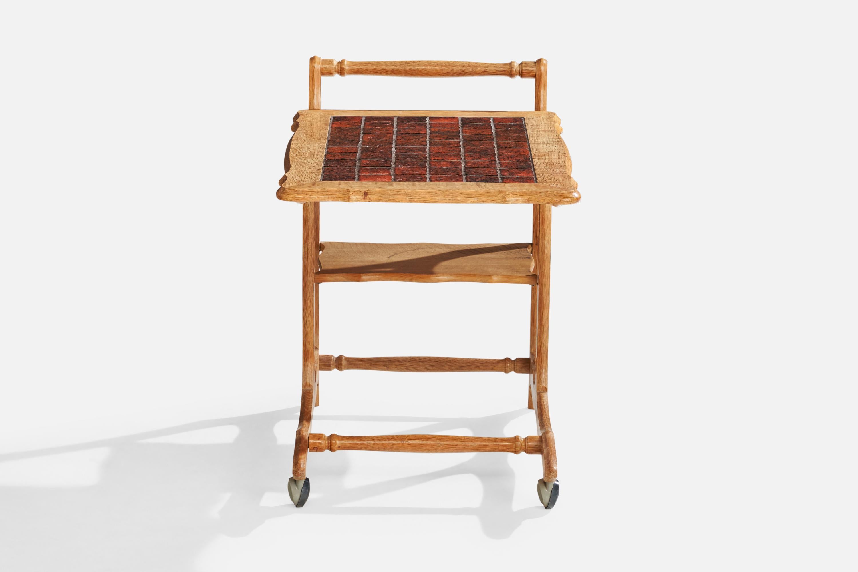 Dänischer Designer, Barwagen, Eiche, Keramik, Dänemark, 1960er Jahre im Angebot 2