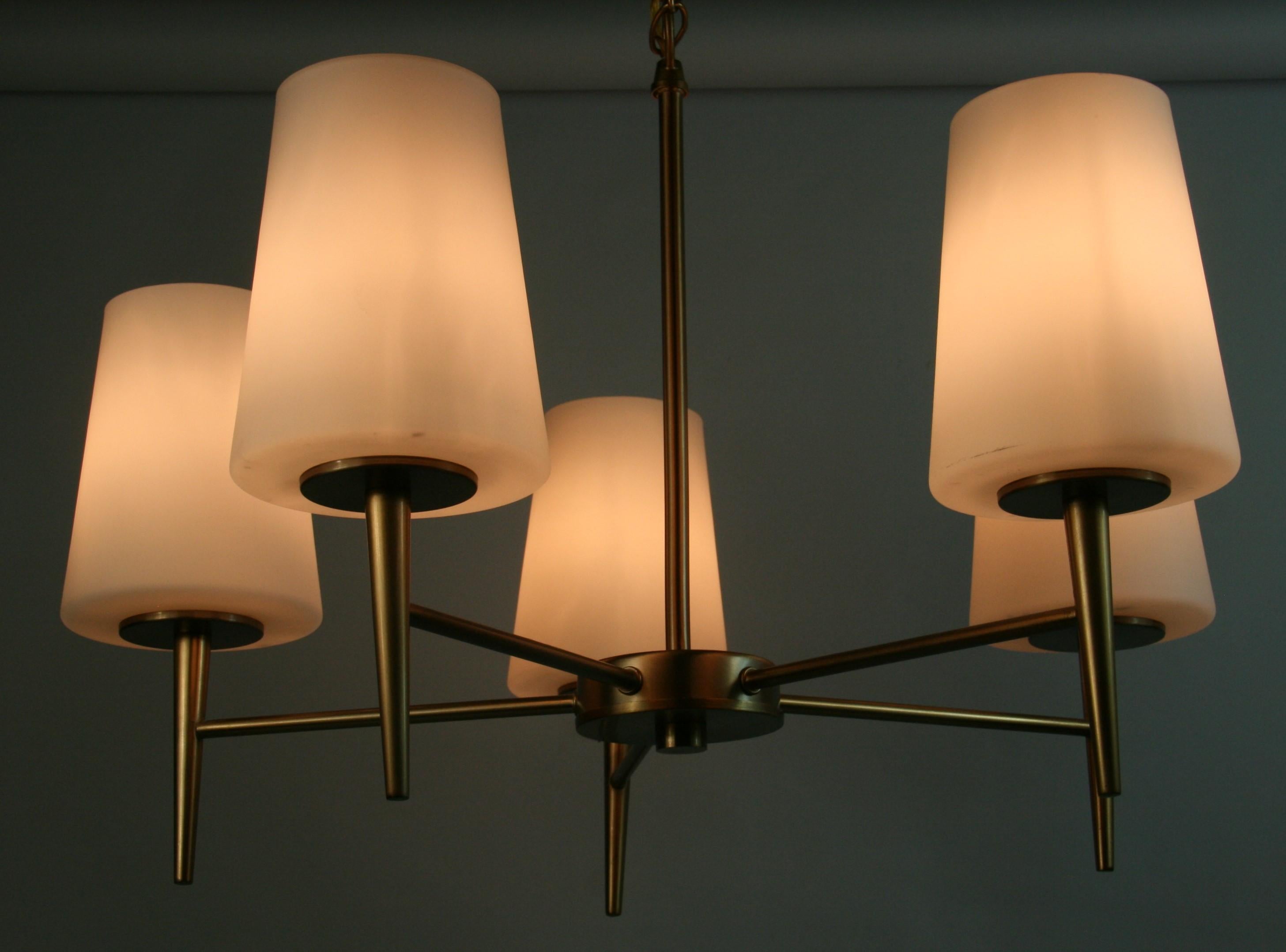 Danish Designer Brass and Frosted Glass Chandelier For Sale 4