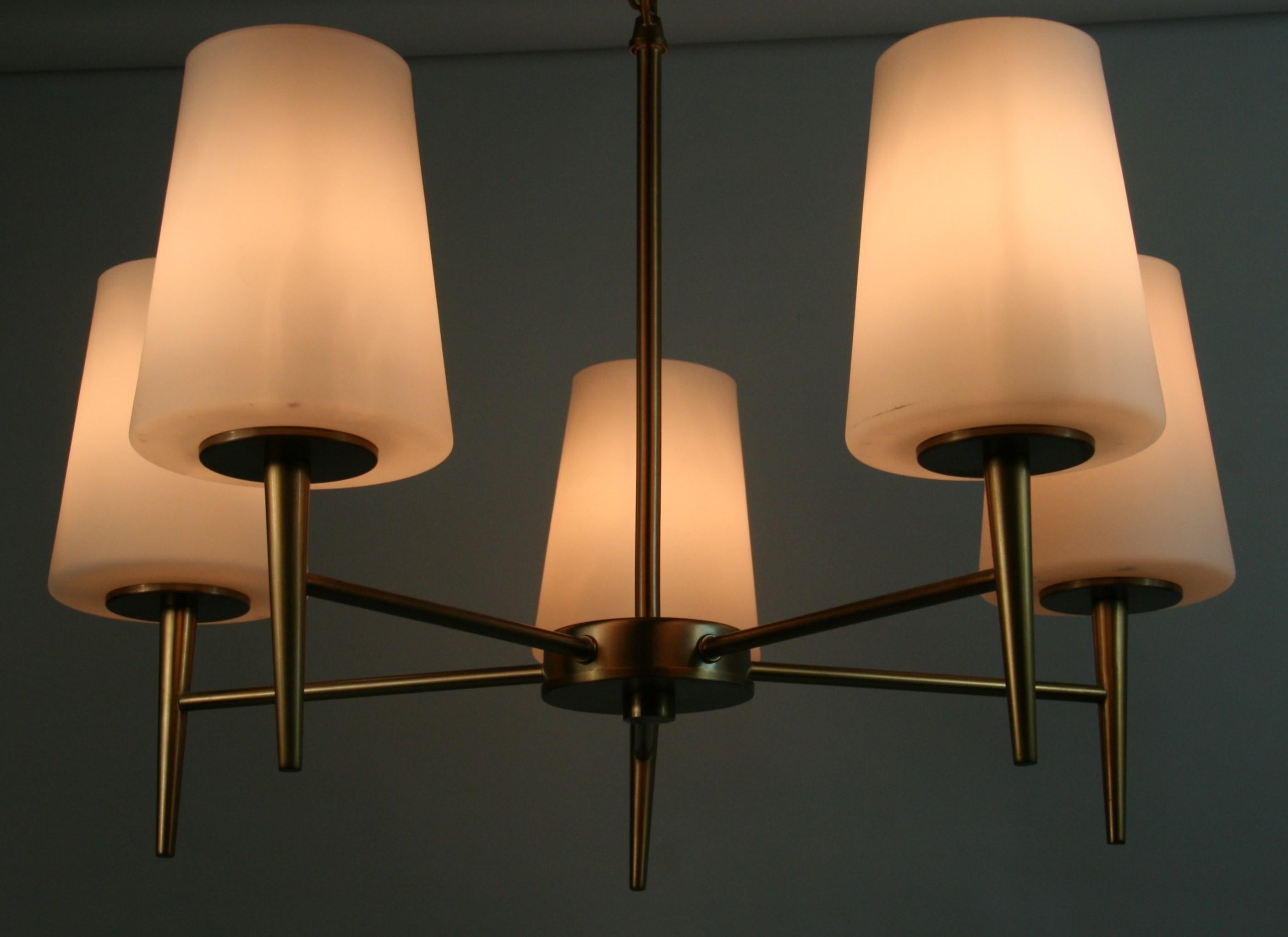 Danish Designer Brass and Frosted Glass Chandelier For Sale 5