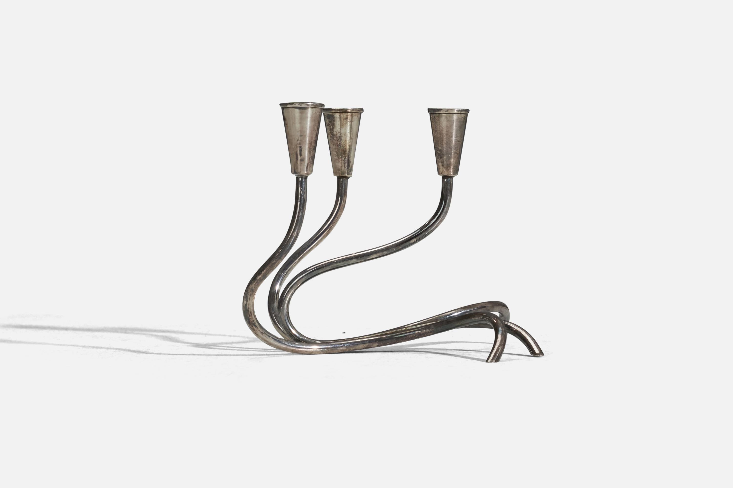 Scandinave moderne Créateur danois, candélabre, plaque d'argent, Danemark, années 1940