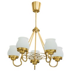 Danish Designer, Chandelier, Brass, Bakelite, Glass, Denmark, 1940s