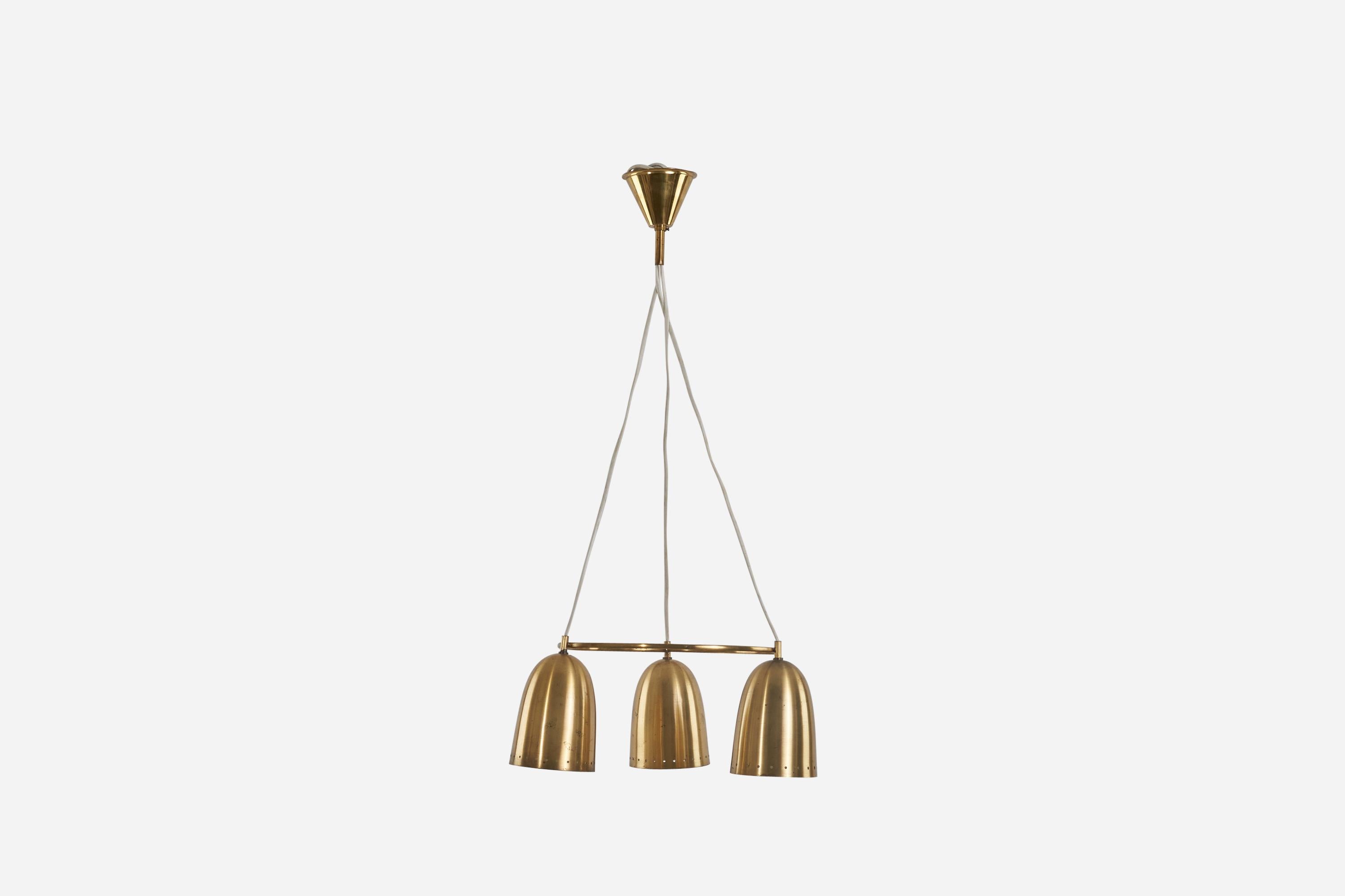 A brass chandelier designed and produced in Denmark, 1940s.

Dimensions variable, measured as illustrated in first image.

Dimensions of Canopy (inches) : 3.10 x 4.22 x 4.22 (height x width x depth)

Socket takes standard E-26 medium base