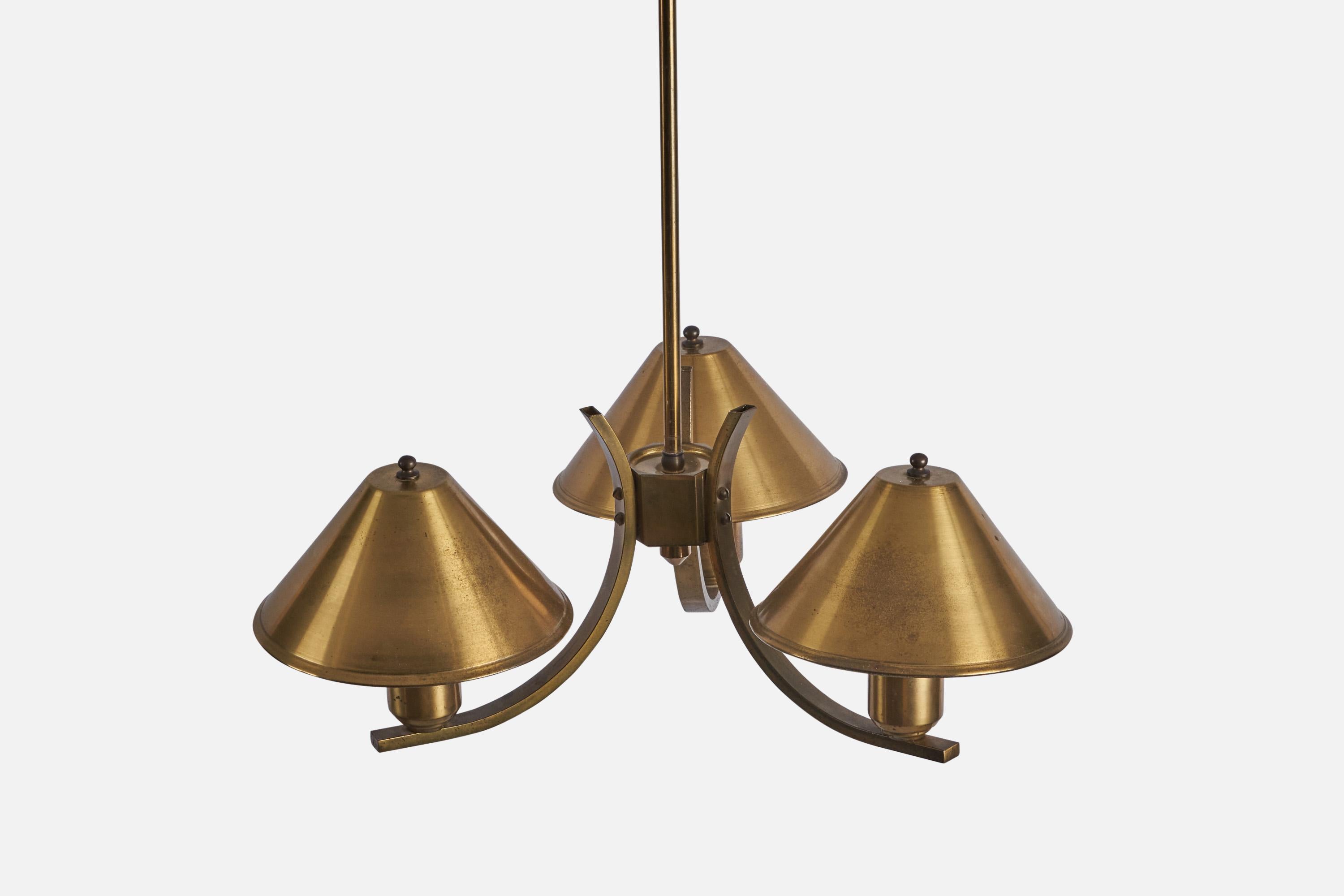 Mid-20th Century Danish Designer, Chandelier, Brass, Denmark, 1940s
