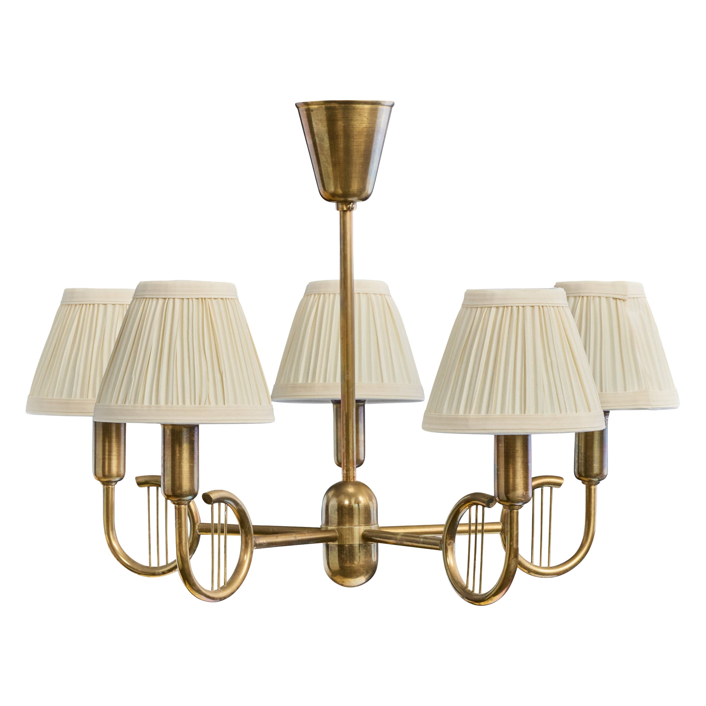 Designer danois, lustre, laiton, tissu, Danemark, années 1950 en vente