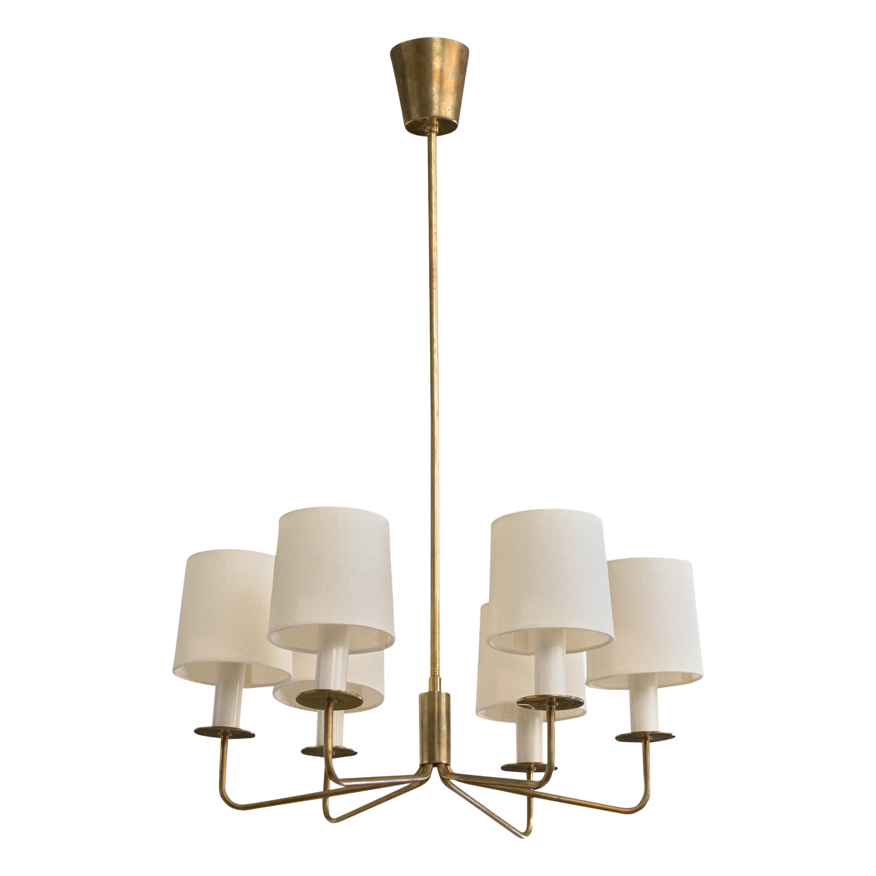 Danish Designer, Chandelier, Brass, Fabric, Plastic, Denmark, 1950s