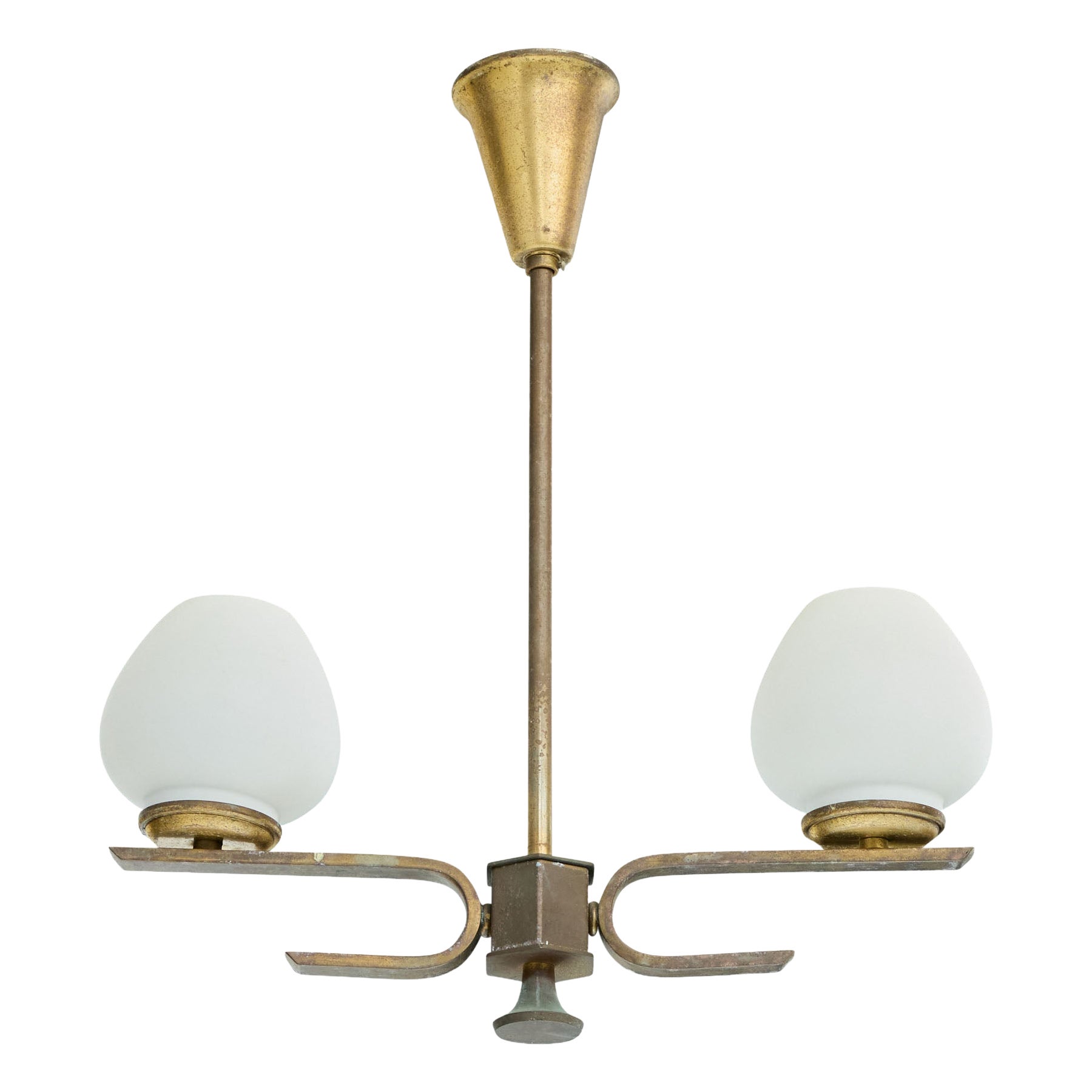 Danish Designer, Chandelier, Brass, Glass, Denmark, 1930s