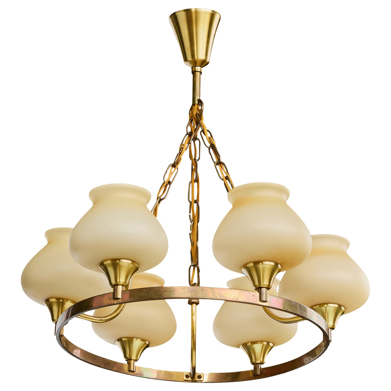 Danish Designer, Chandelier, Brass, Glass, Denmark, 1940s