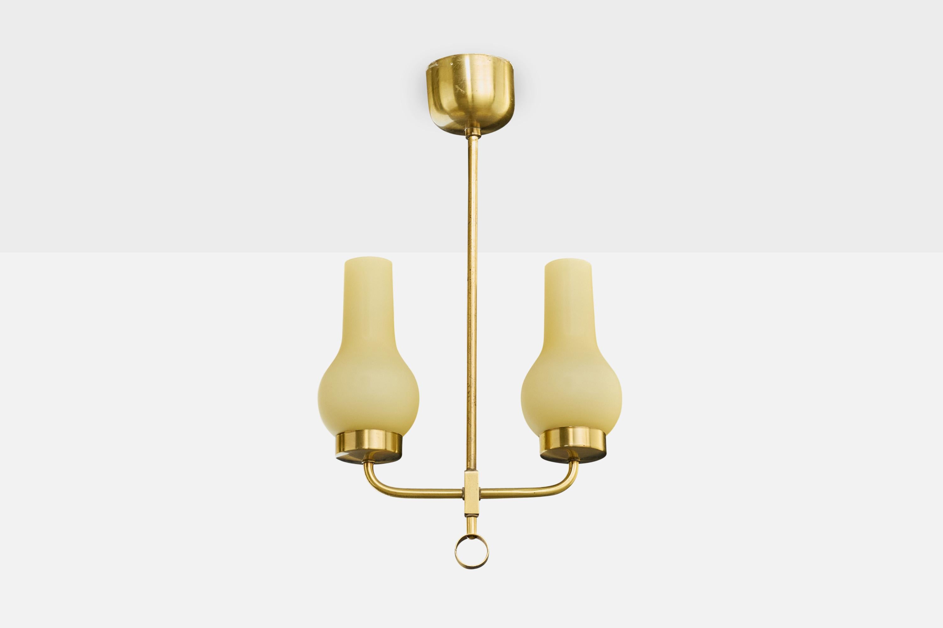 A brass and beige opaline glass chandelier designed and produced in Denmark, c. 1950s.

Patina brass and glass consistent with vintage age.

Overall Dimensions (inches): 20.5