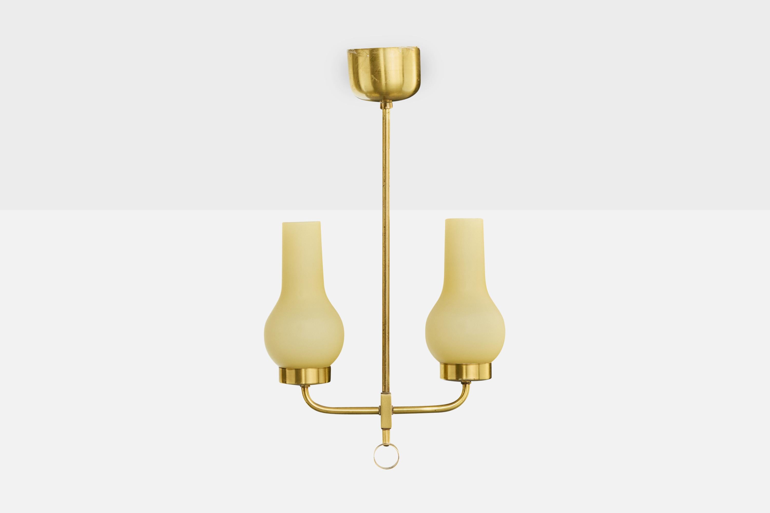 Mid-Century Modern Danish Designer, Chandelier, Brass, Glass, Denmark, 1950s en vente