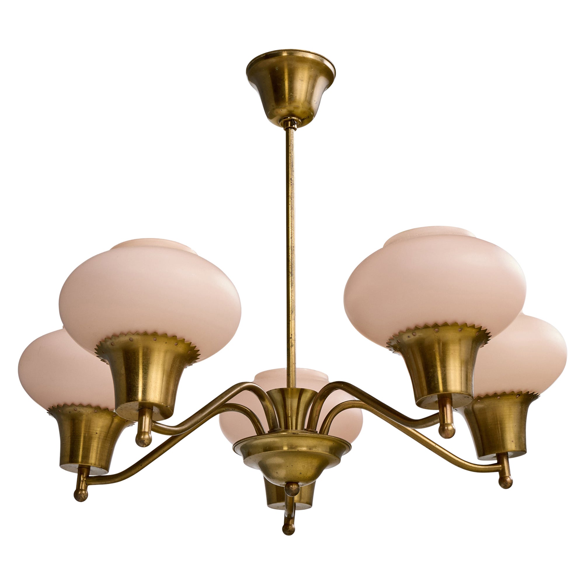 Danish Designer, Chandelier, Brass, Glass, Denmark, 1950s
