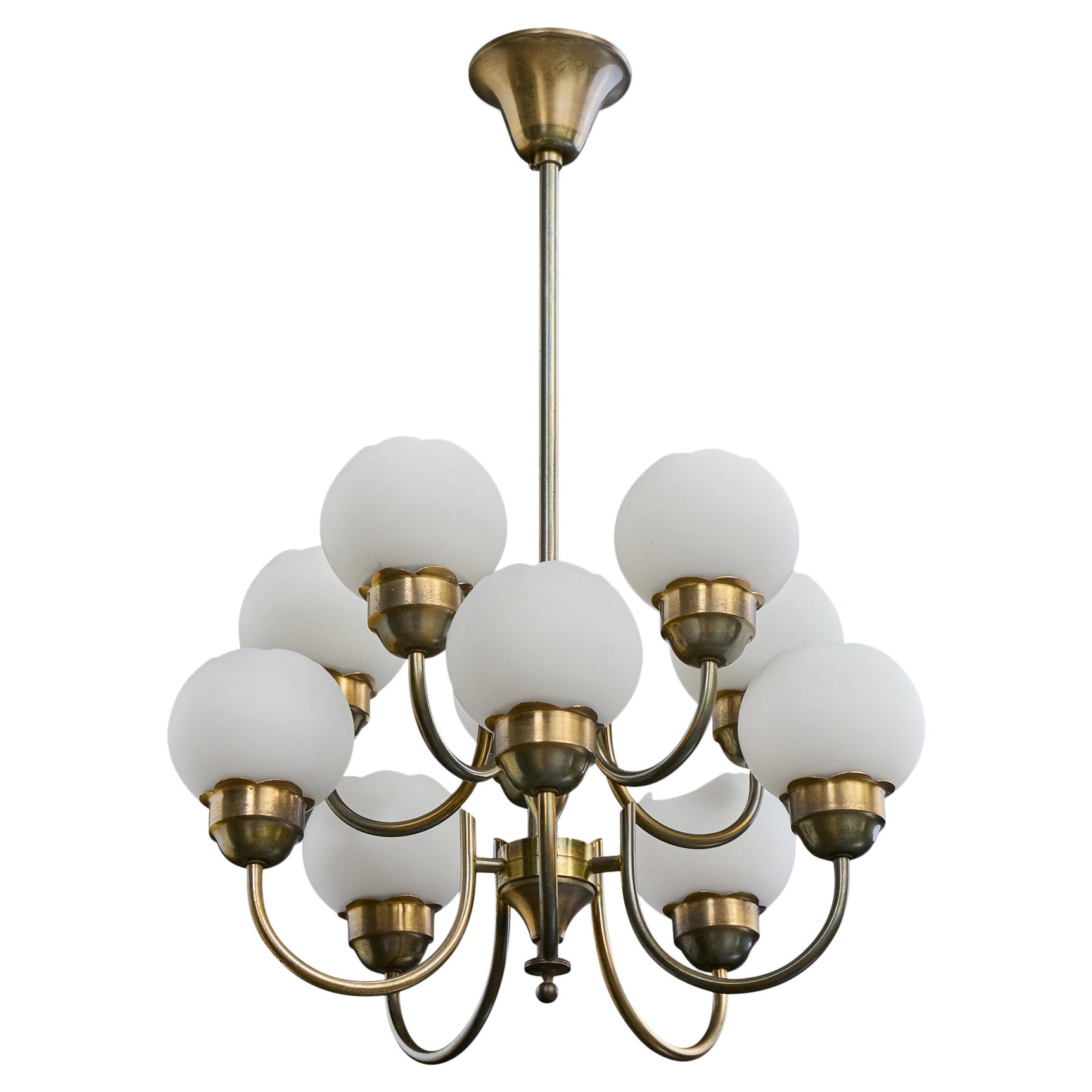 Designer danese, lampadario, ottone, vetro, Danimarca, anni '1950