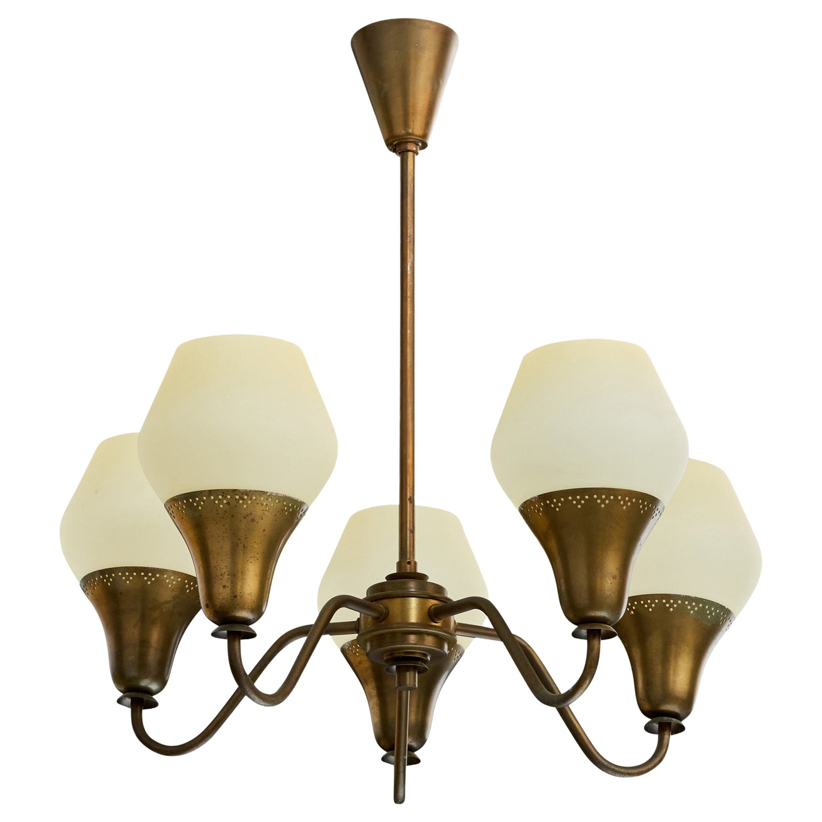 Danish Designer, Chandelier, Brass, Glass, Denmark, 1950s