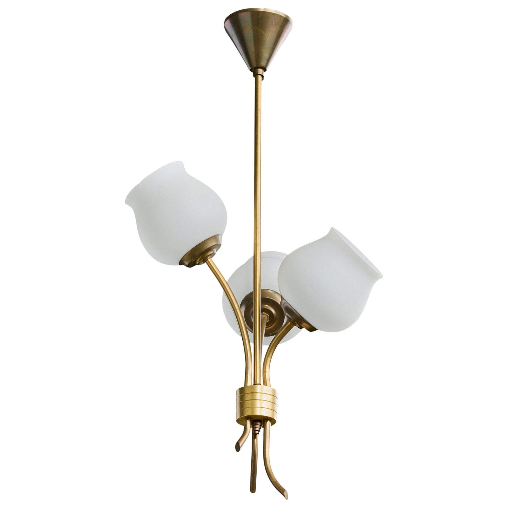 Danish Designer, Chandelier, Brass, Glass, Denmark, 1950s