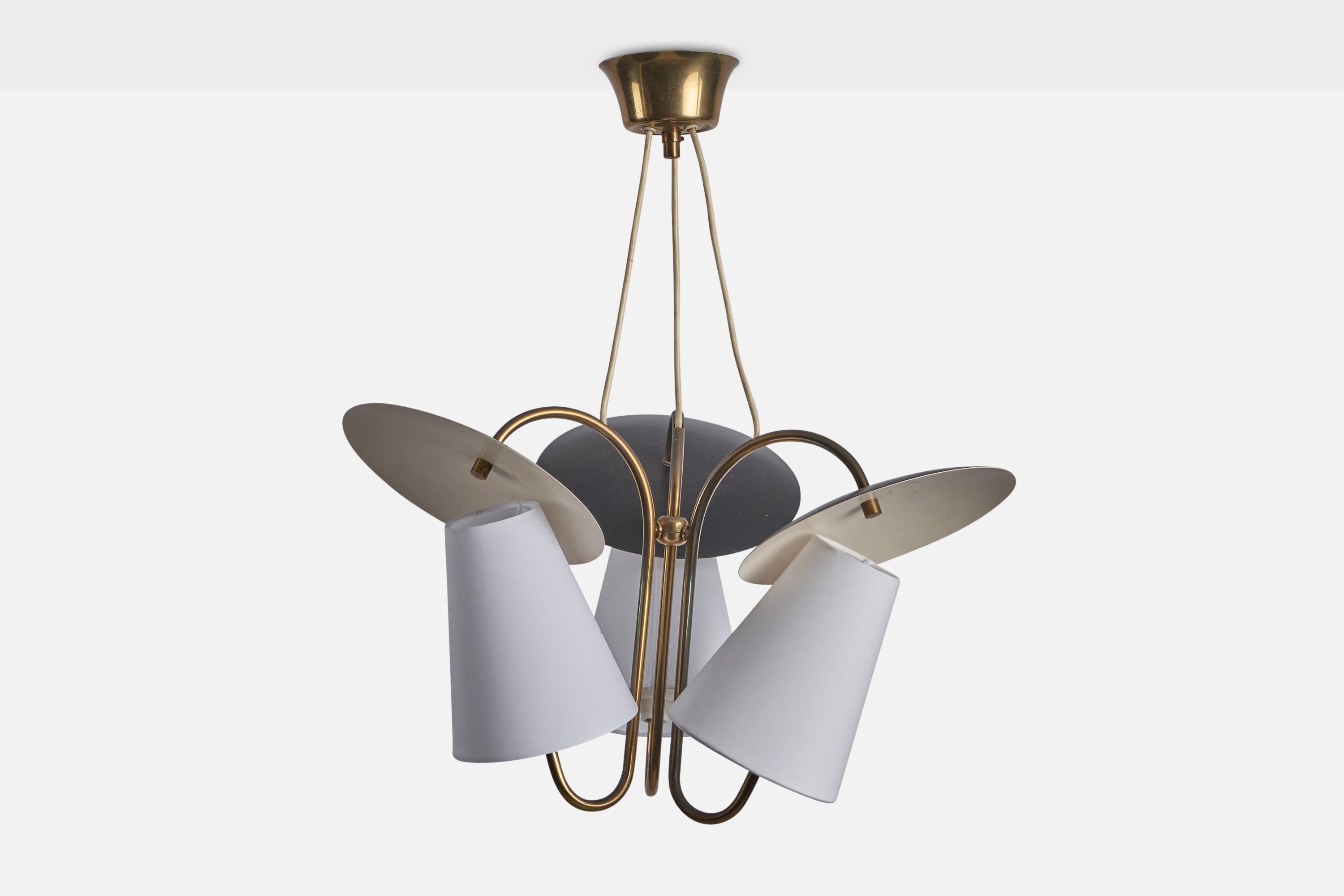 A three-armed brass, black-lacquered metal and white fabric chandelier designed and produced in Denmark, 1950s.

Overall Dimensions (inches): 22” H x 19” Diameter
Bulb Specifications: E-26 Bulb
Number of Sockets: 3