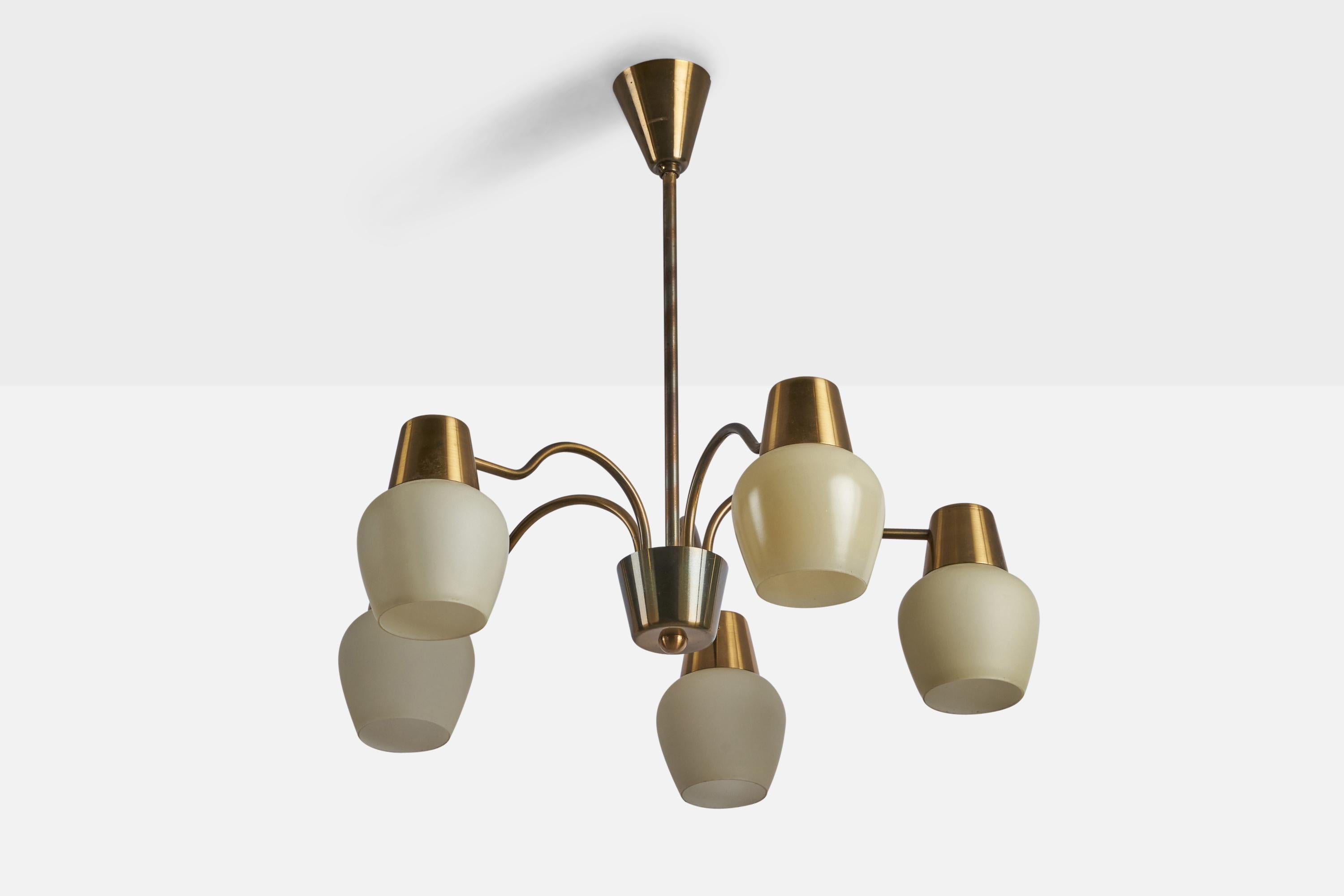 A five-armed brass, metal and opaline glass chandelier designed and produced in Denmark, c. 1960s.

Overall Dimensions (inches): 20.5” H x 23” Diameter
Bulb Specifications: E-26 Bulb
Number of Sockets: 5