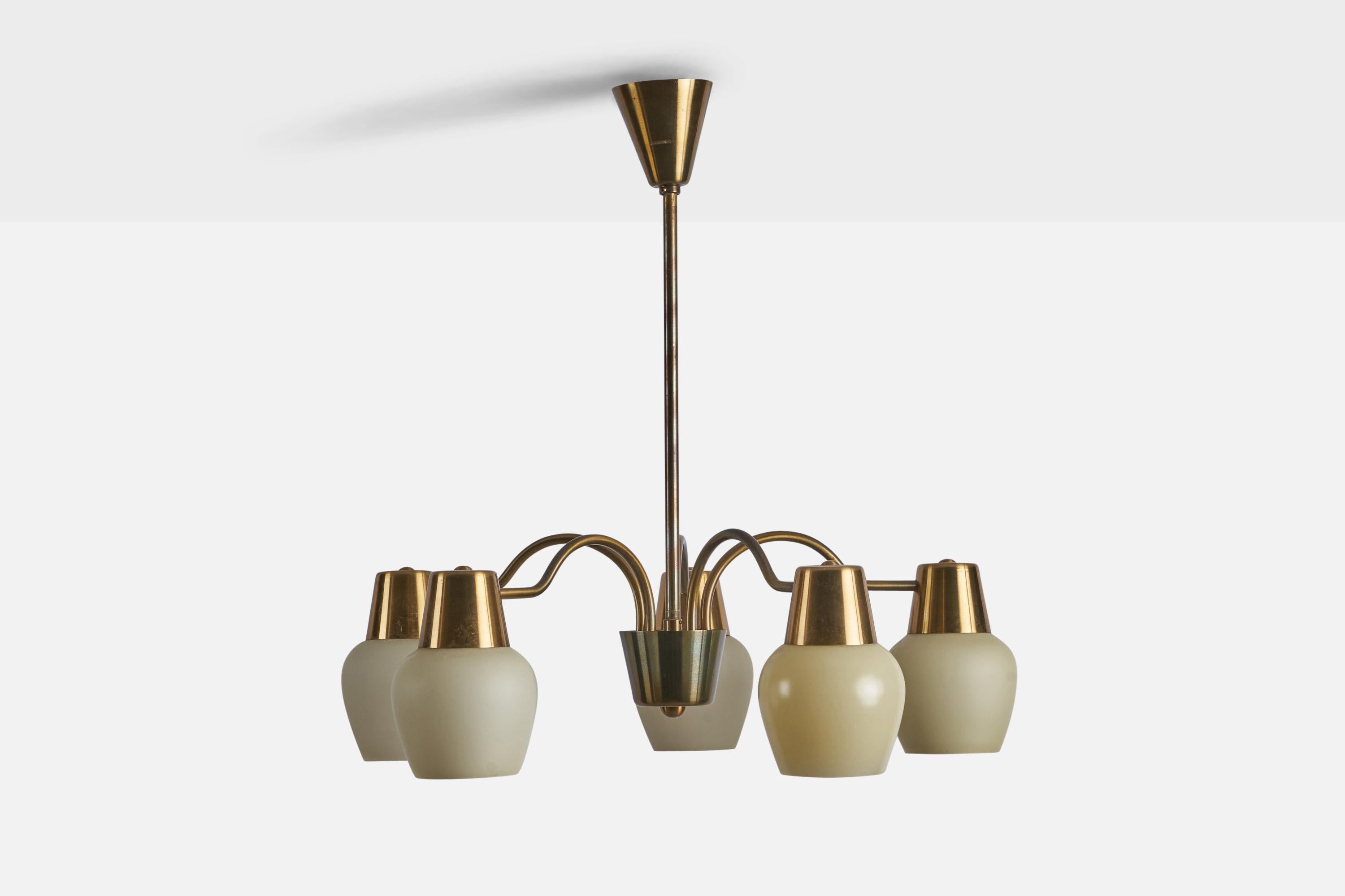 Mid-Century Modern Danish Designer, Chandelier, Brass, Metal, Glass, Denmark 1960s For Sale