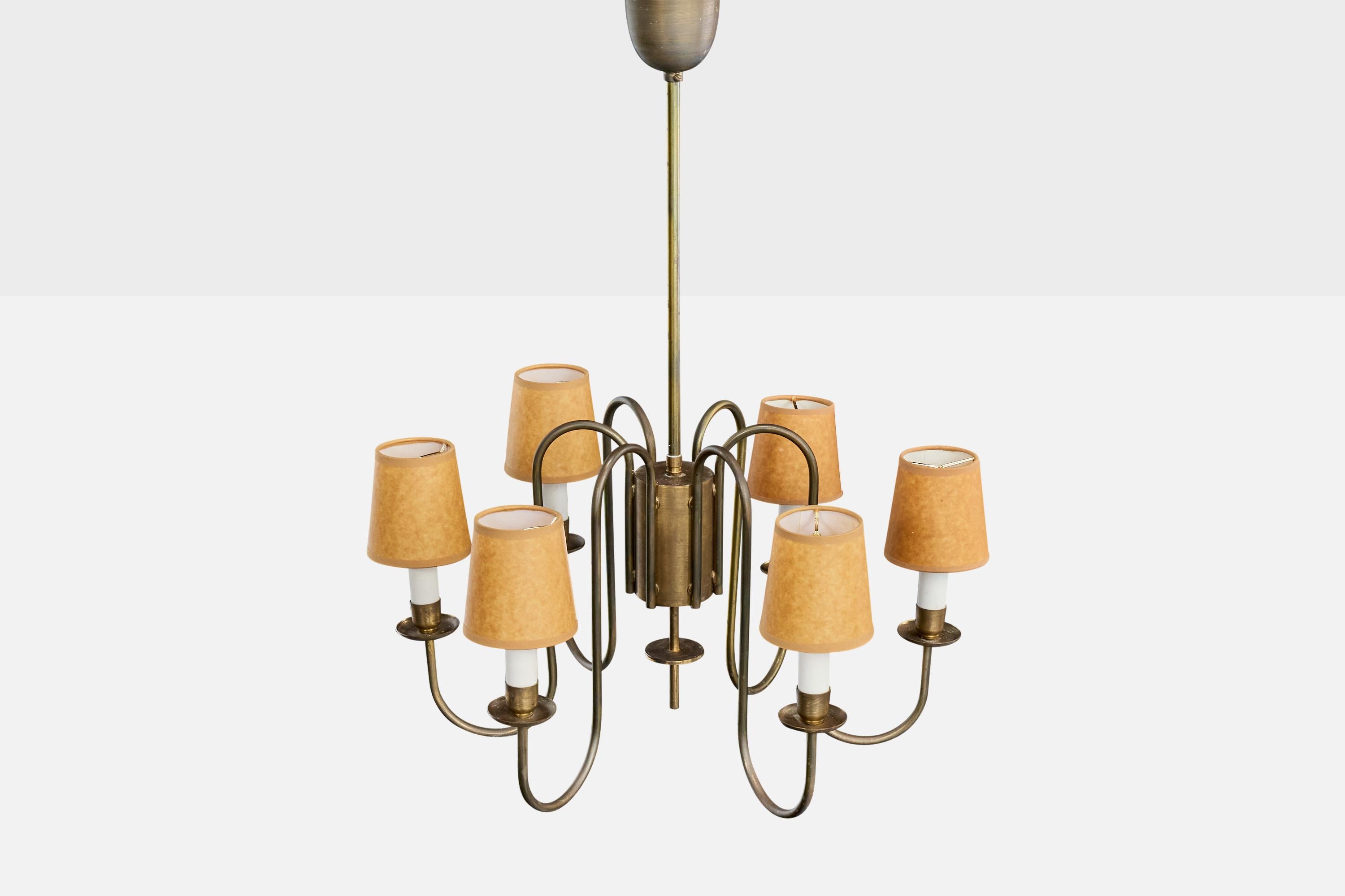 Danese Lampadario di design danese, ottone, plastica, pergamena, Danimarca, anni '50 in vendita