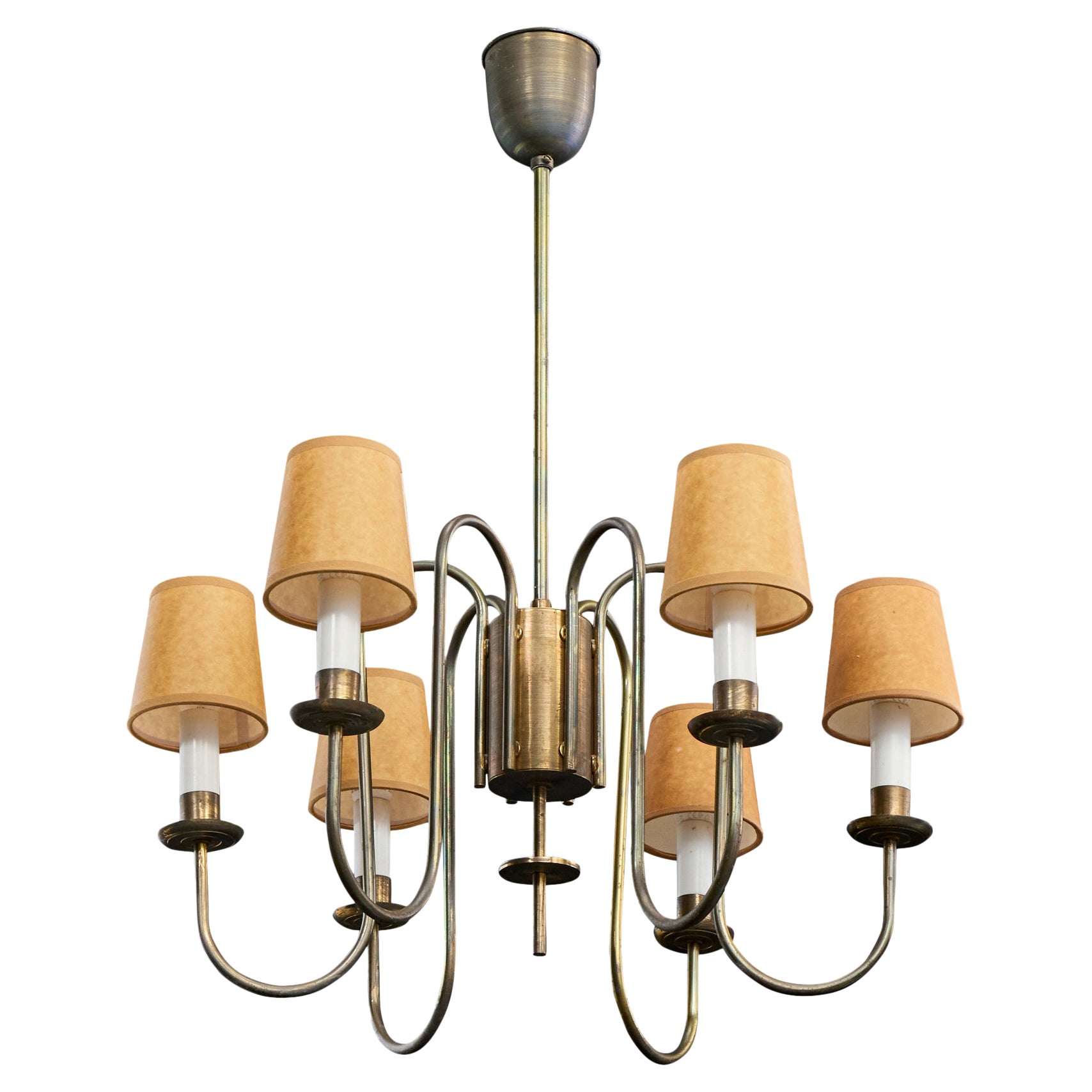 Designer danois, lustre, laiton, plastique, parchemin, Danemark, années 1950