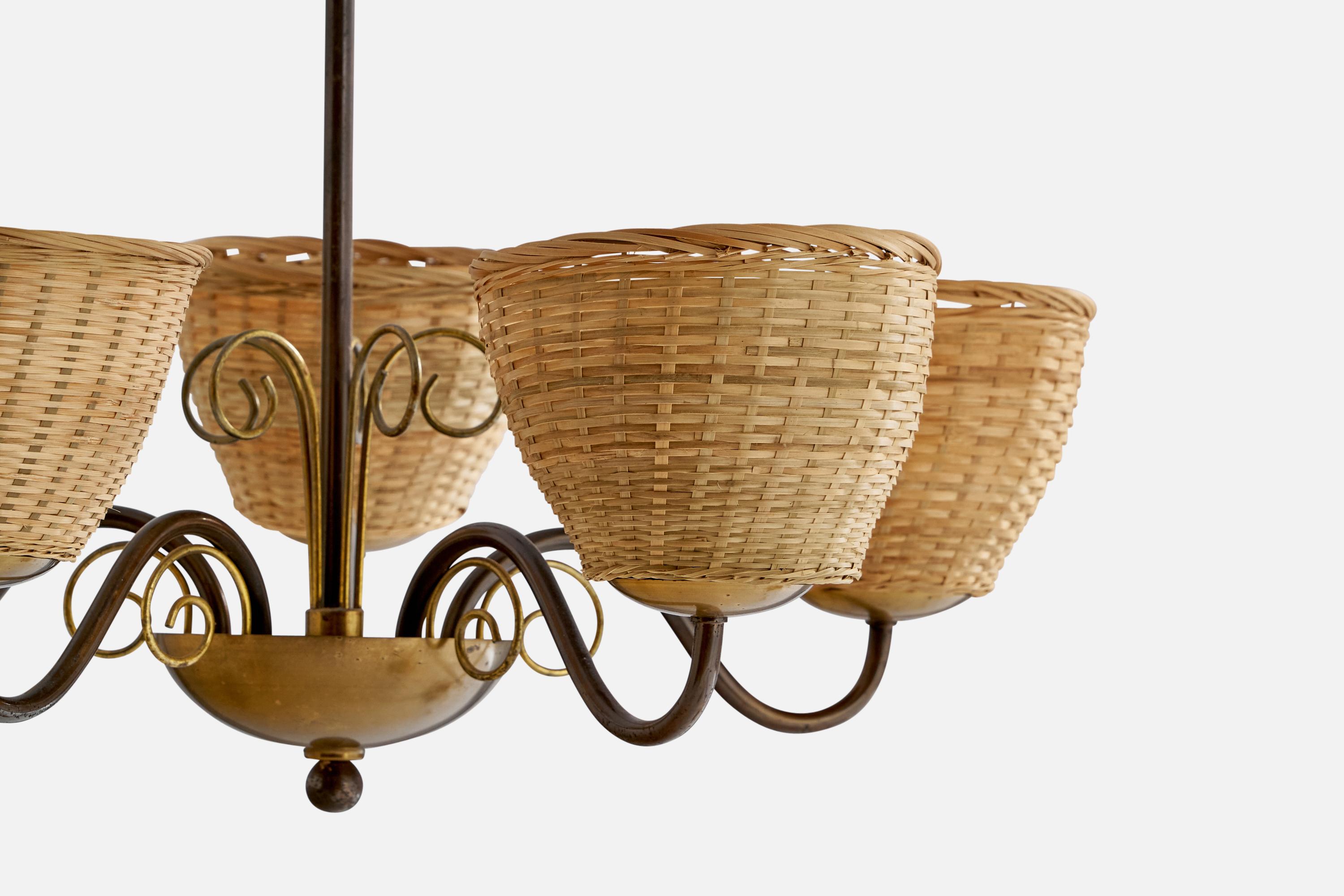 Danish Designer, Chandelier, Brass, Rattan, Denmark, 1940s In Good Condition For Sale In High Point, NC