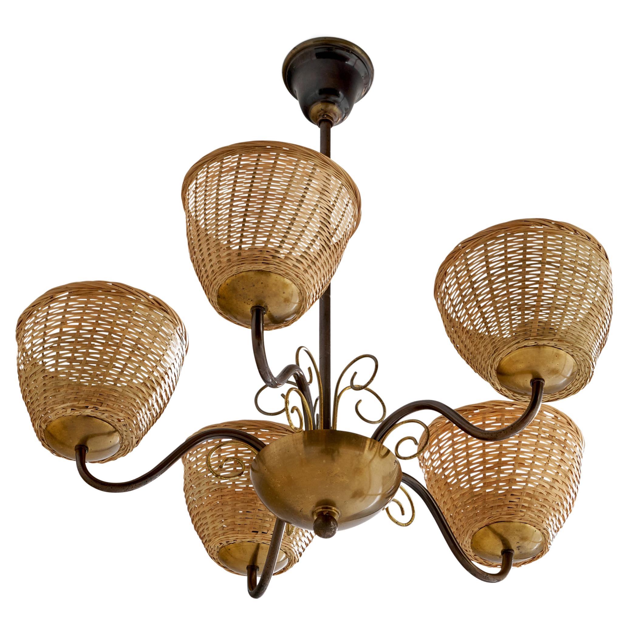 Danish Designer, Chandelier, Brass, Rattan, Denmark, 1940s For Sale