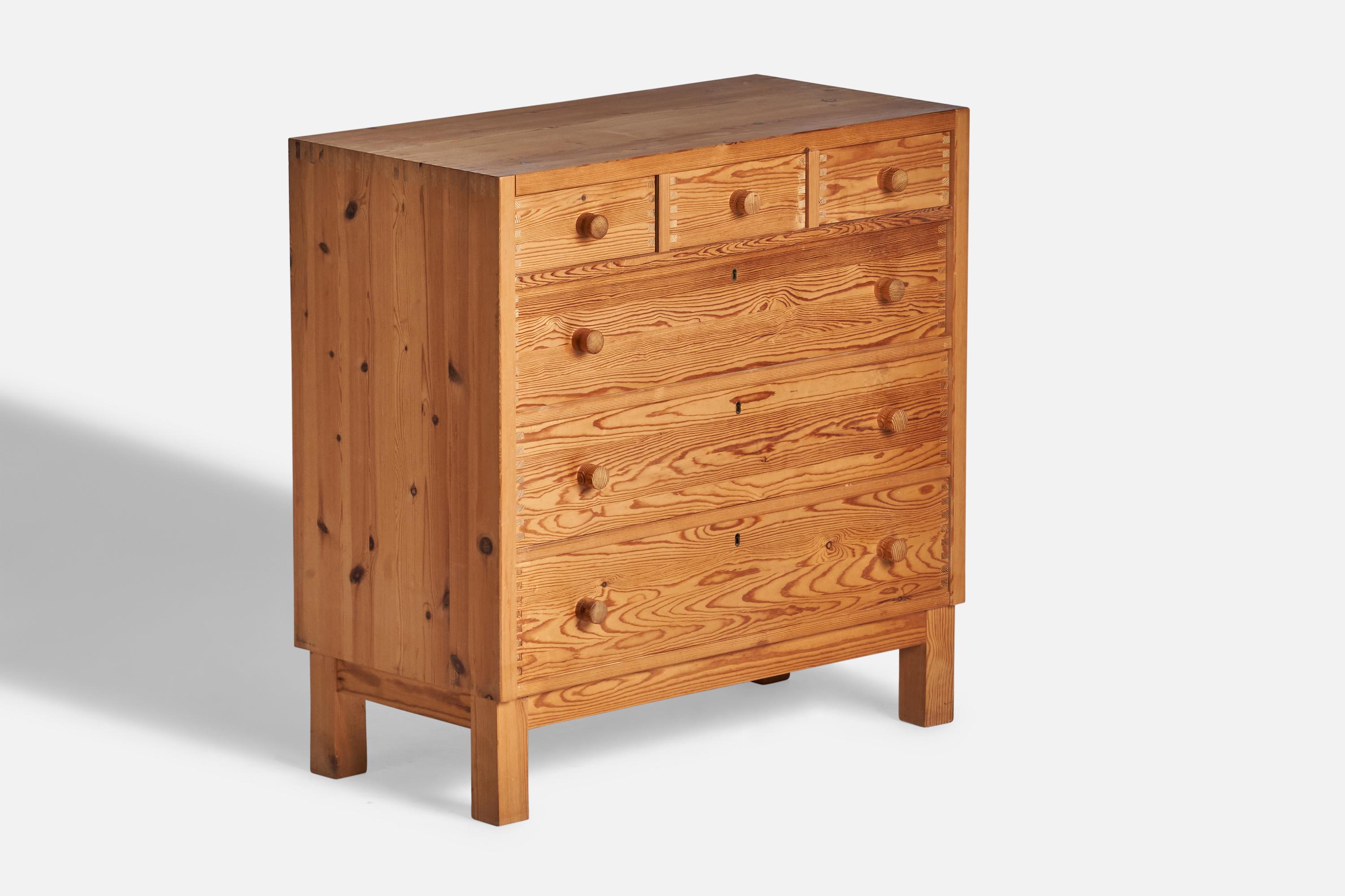 A pine chest of drawers designed and produced in Denmark, 1970s.