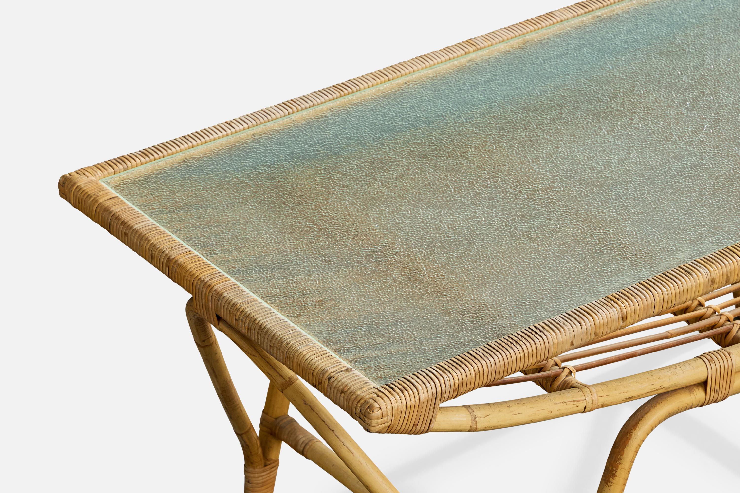 Danish Designer, Coffee Table, Bamboo, Rattan, Glass, Denmark, 1950s Bambú en venta