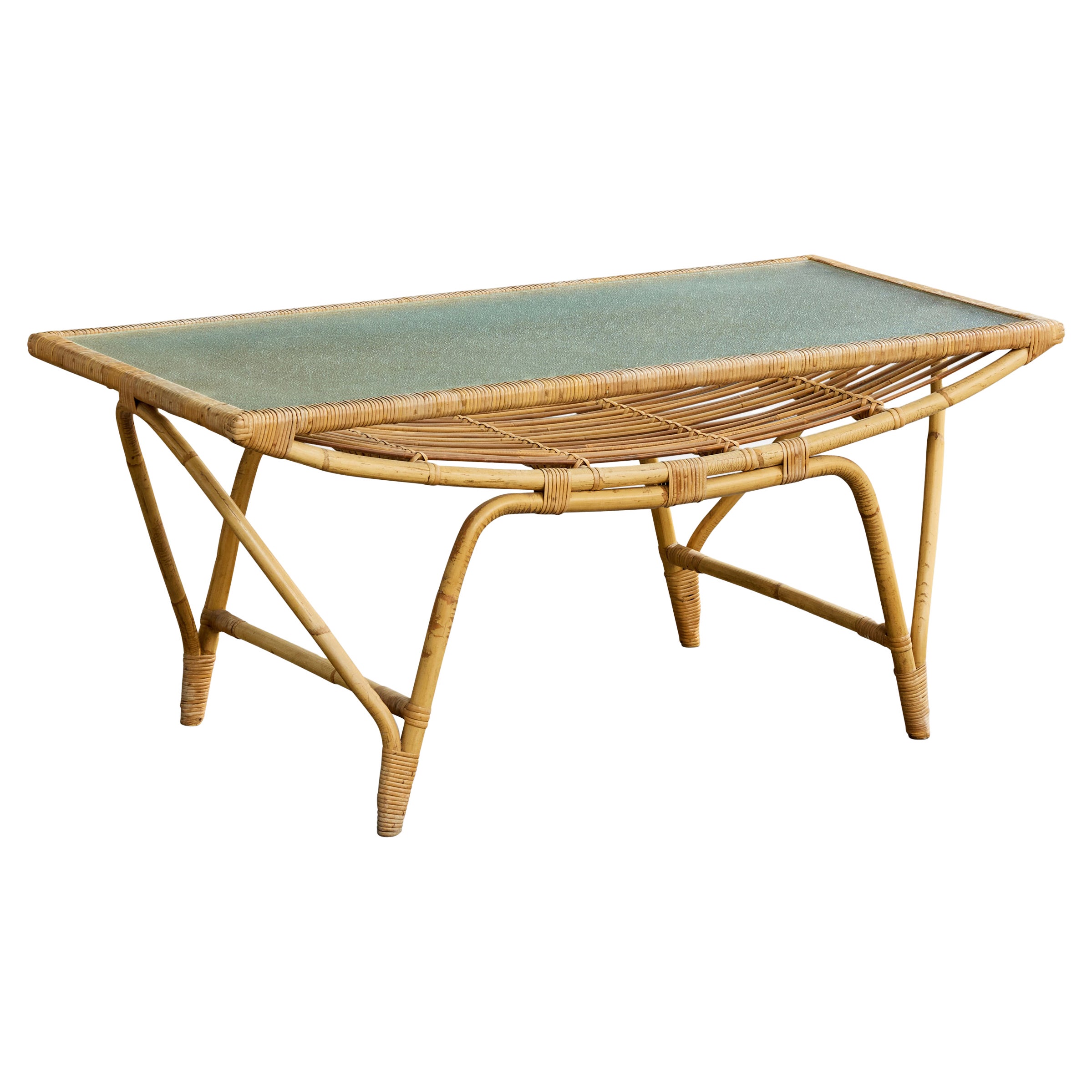 Danish Designer, Coffee Table, Bamboo, Rattan, Glass, Denmark, 1950s