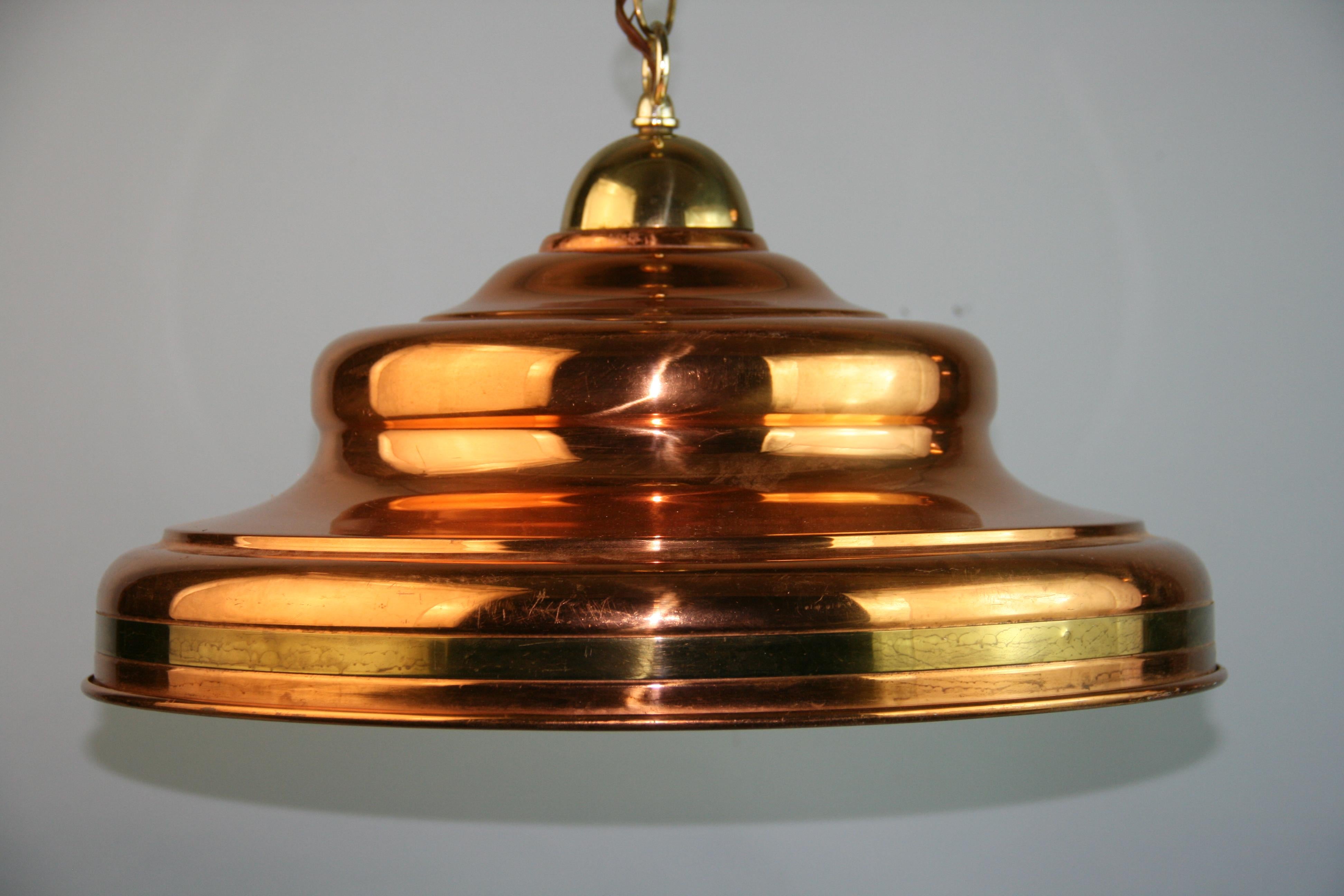 Danish Designer Copper and Brass Pendant, 1970's In Good Condition For Sale In Douglas Manor, NY