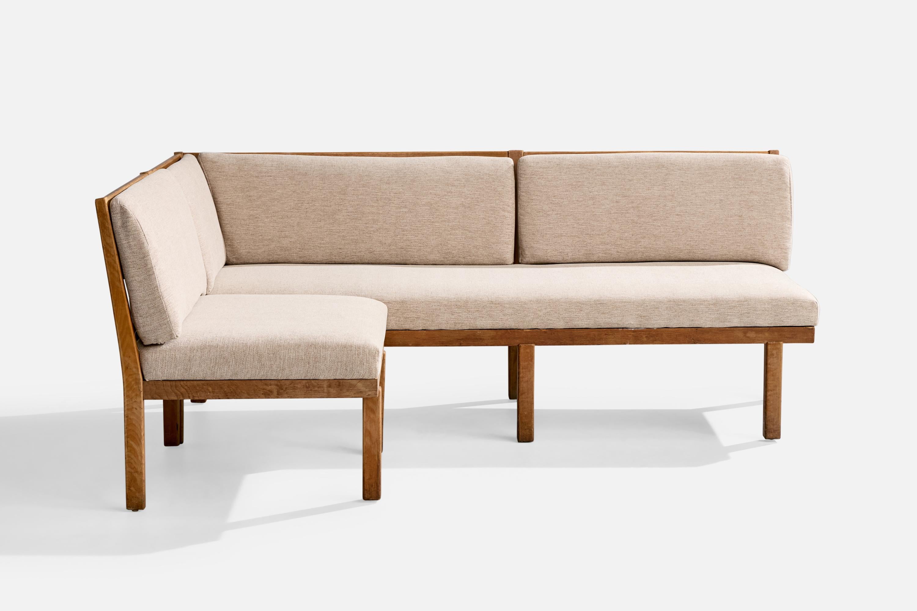 Scandinavian Modern Danish Designer, Corner Sofa, Elm, Fabric, Denmark, 1940s For Sale