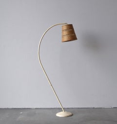 Danish Designer, Curved Floor Lamp, Painted Metal, Rattan, Denmark, 1940s
