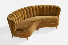 Diseñador danés, sofá curvo, madera, tela, Dinamarca, años 40