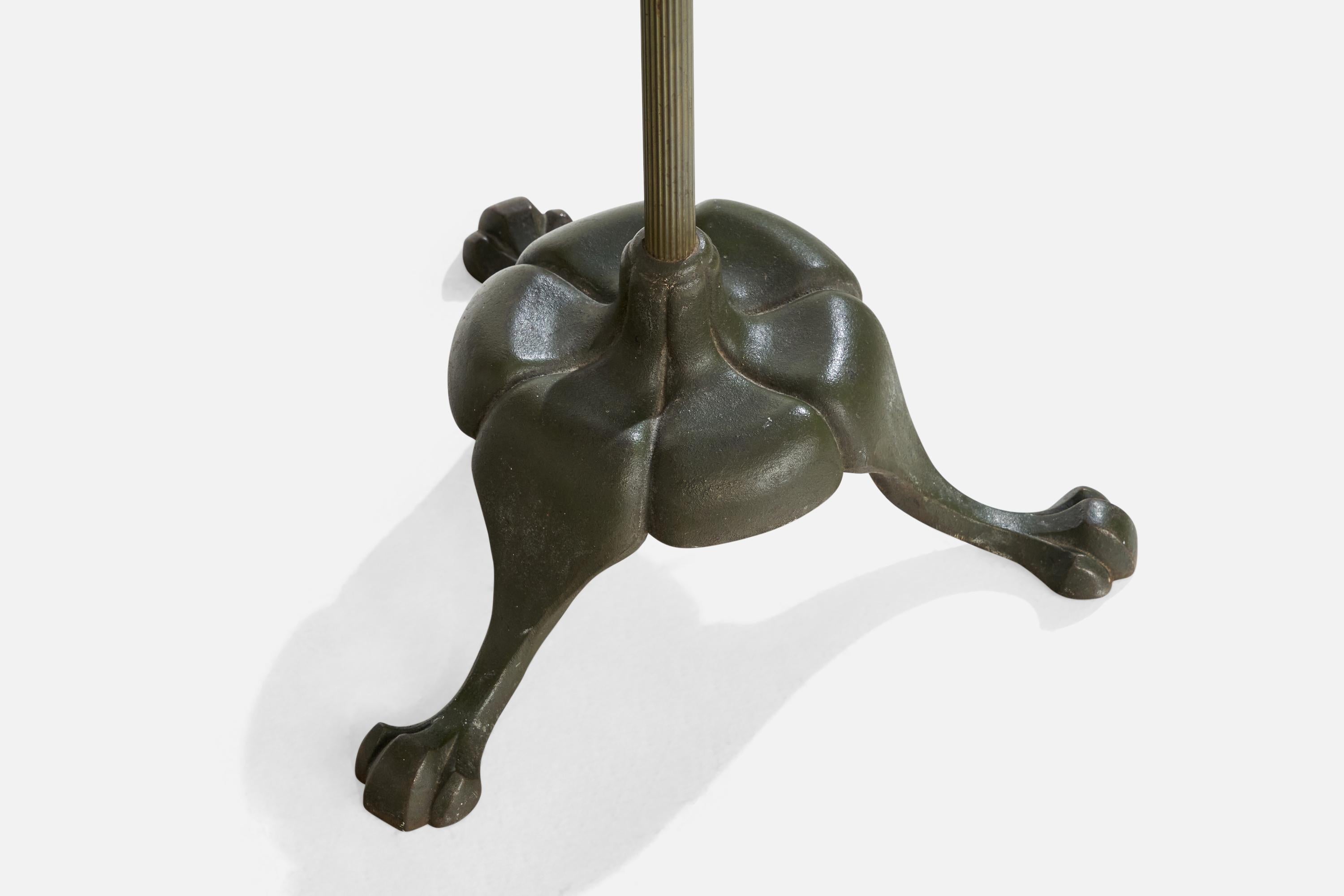 Lampada da terra di design danese, ottone, ghisa, tessuto, Danimarca, anni '30 in vendita 3