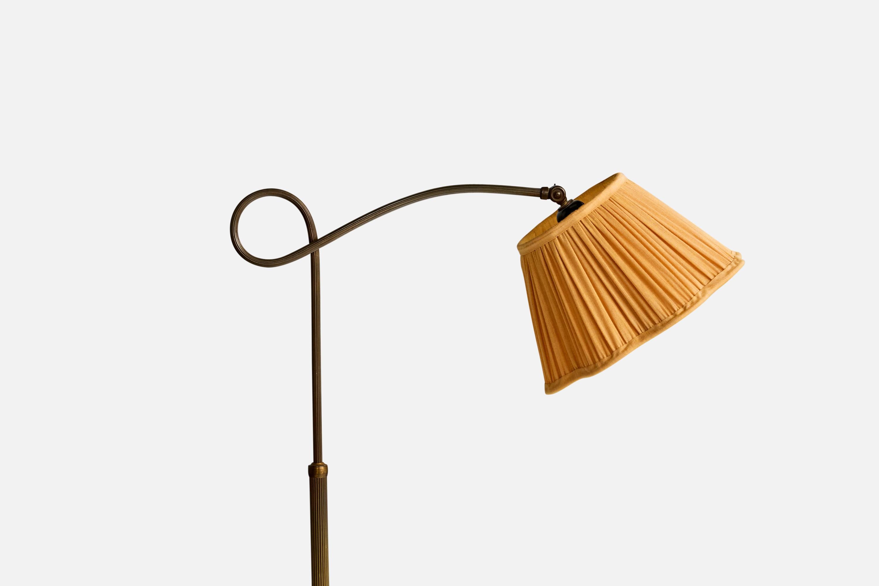 Scandinavian Modern Danish Designer, Floor Lamp, Brass, Fabric, Denmark, 1930s For Sale