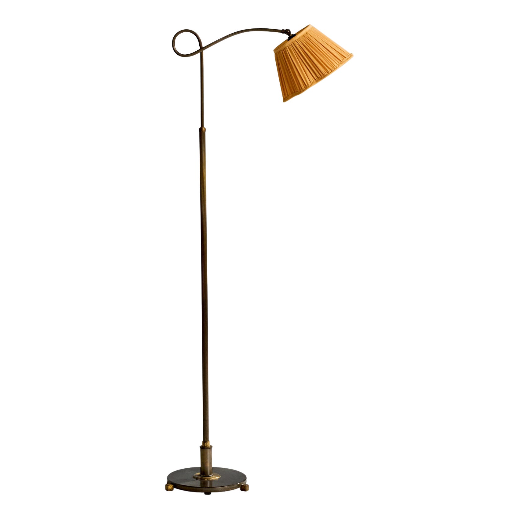 Danish Designer, Floor Lamp, Brass, Fabric, Denmark, 1930s For Sale