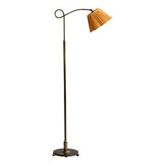 Lampadaire de designer danois, laiton, tissu, Danemark, années 1930