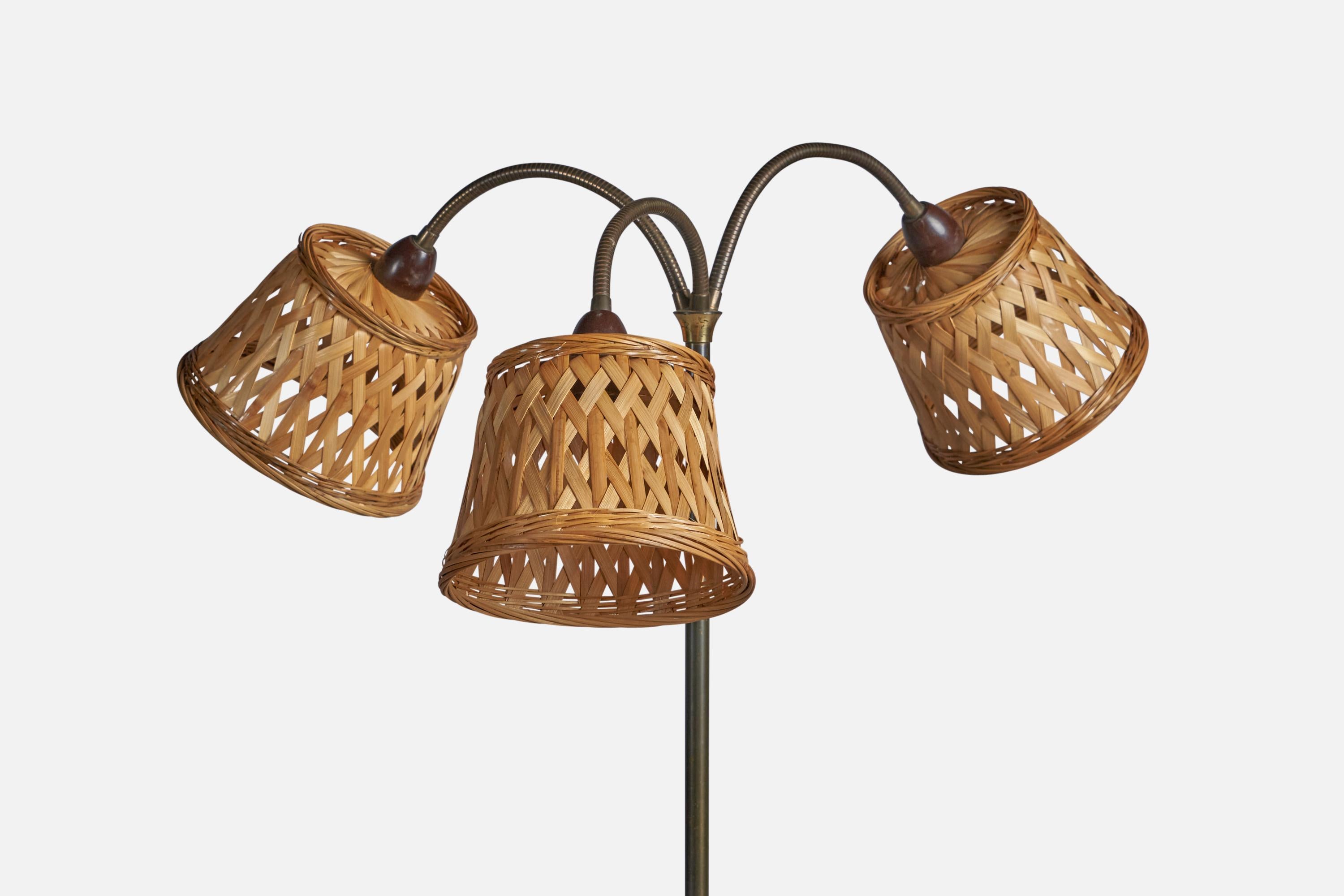 Mid-Century Modern Danish Designer, Floor Lamp, Brass, Iron, Rattan, Bakelite, Denmark 1940s