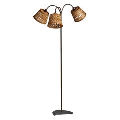 Danish Designer, Floor Lamp, Brass, Iron, Rattan, Bakelite, Denmark 1940s
