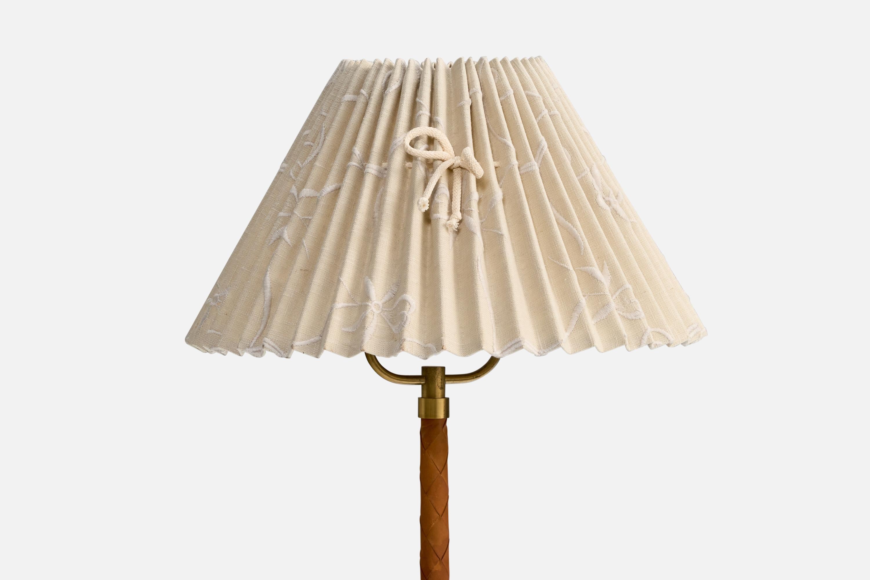 Danish Designer, Floor Lamp, Brass, Leather, Fabric, Denmark, 1940s In Good Condition For Sale In High Point, NC