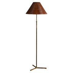 Danish Designer, Floor Lamp, Brass, Rattan, Denmark, 1950s