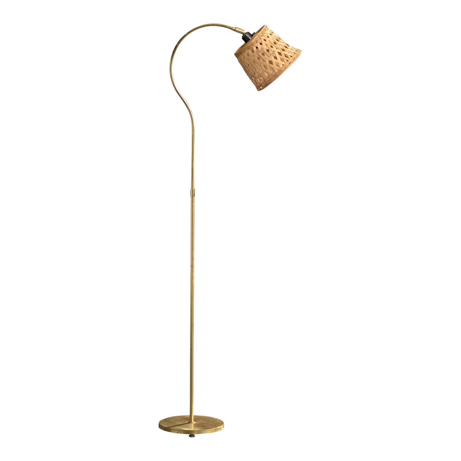Danish Designer, Floor Lamp, Brass, Rattan, Denmark, 1970s For Sale