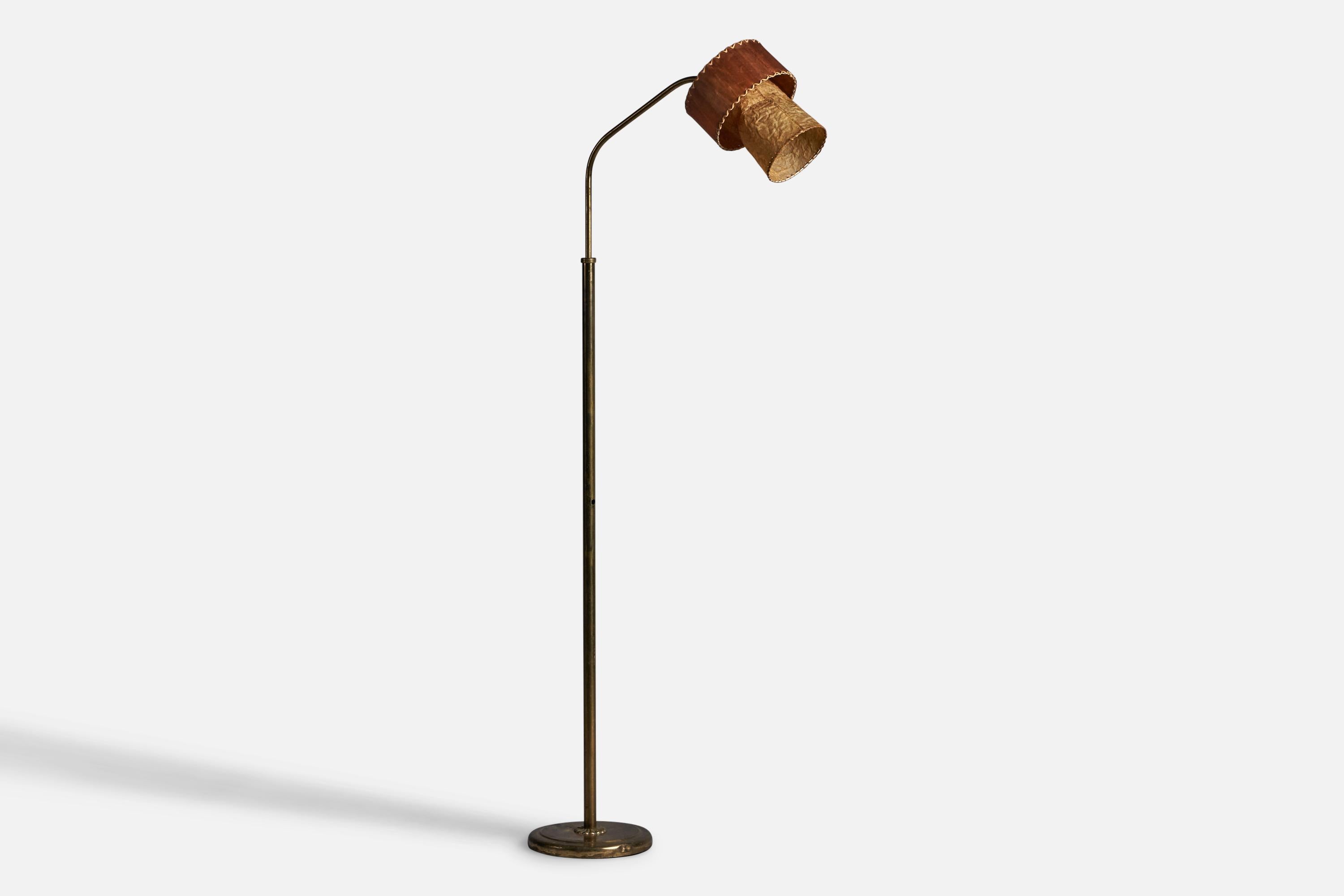 Scandinavian Modern Danish Designer, Floor Lamp, Brass, Wood, Paper, Denmark 1930s For Sale
